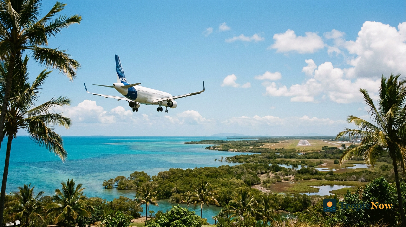 Passenger jet on approach to Cairns over the tropical coast