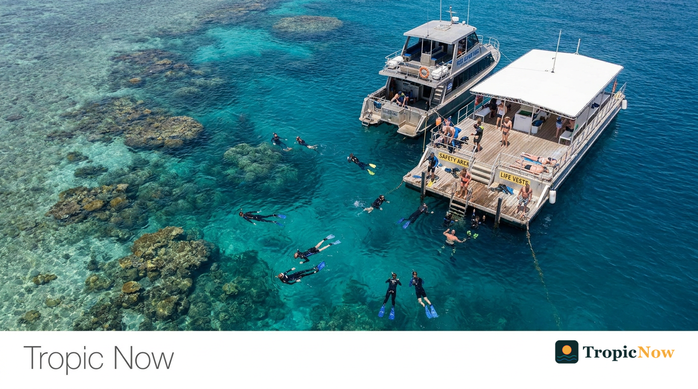 Great Barrier Reef tourism pontoon and snorkellers off Cairns