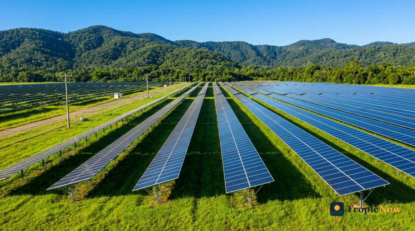 Utility-scale solar farm in the green Far North Queensland landscape